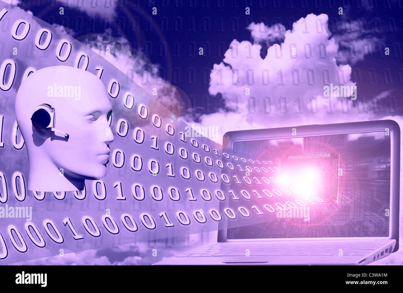 digital world concept : binary code flowing from laptop through ...