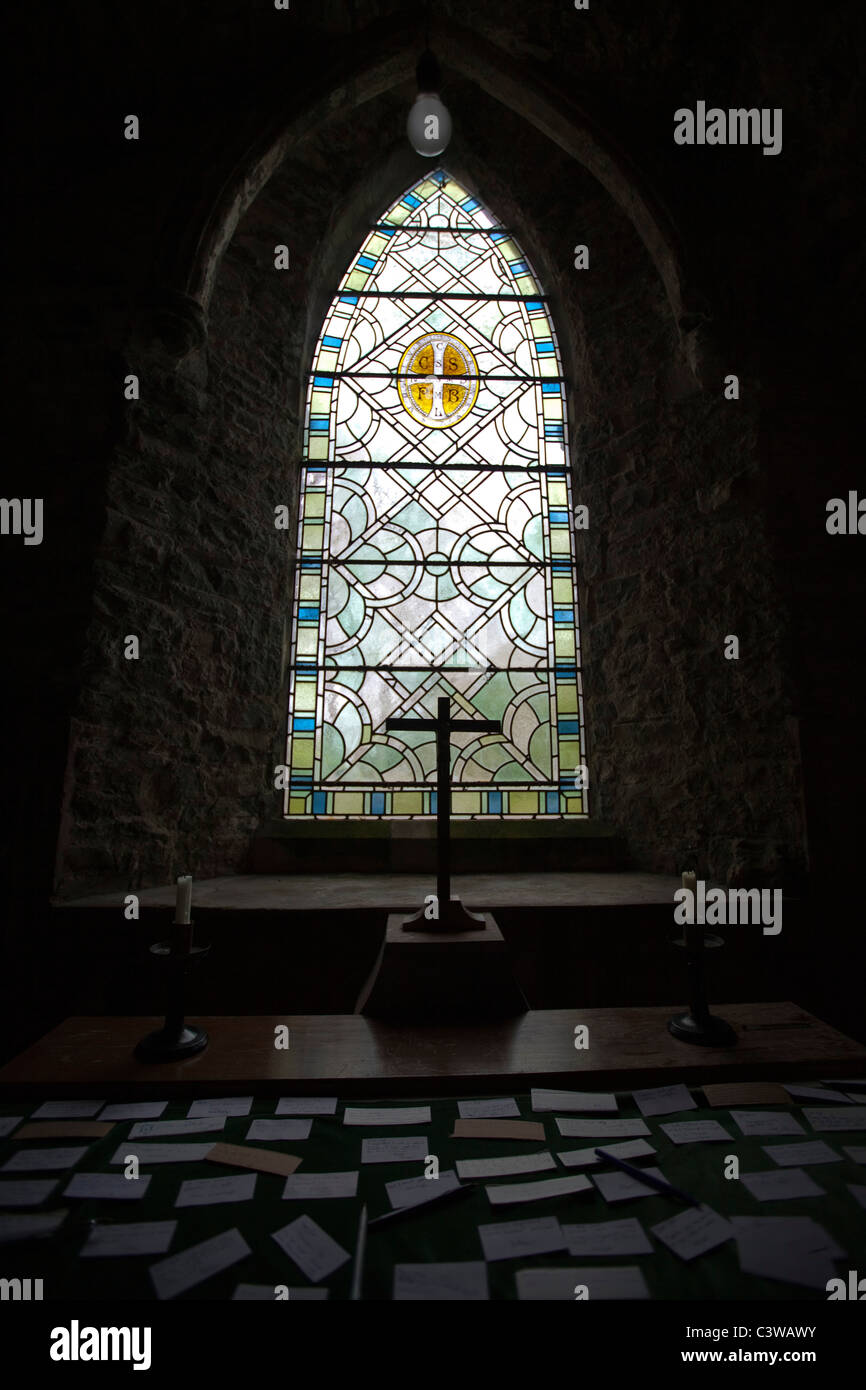 Stained glass window with cross in St Illtyd's Church, Caldey Island Wales 117582 Caldey Stock Photo