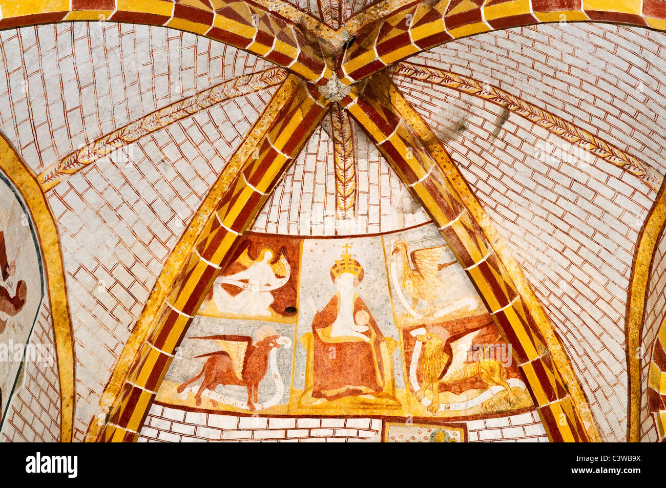 13/15th century restored painted ceiling in Notz l'Abbé priory chapel - Indre, France. Stock Photo