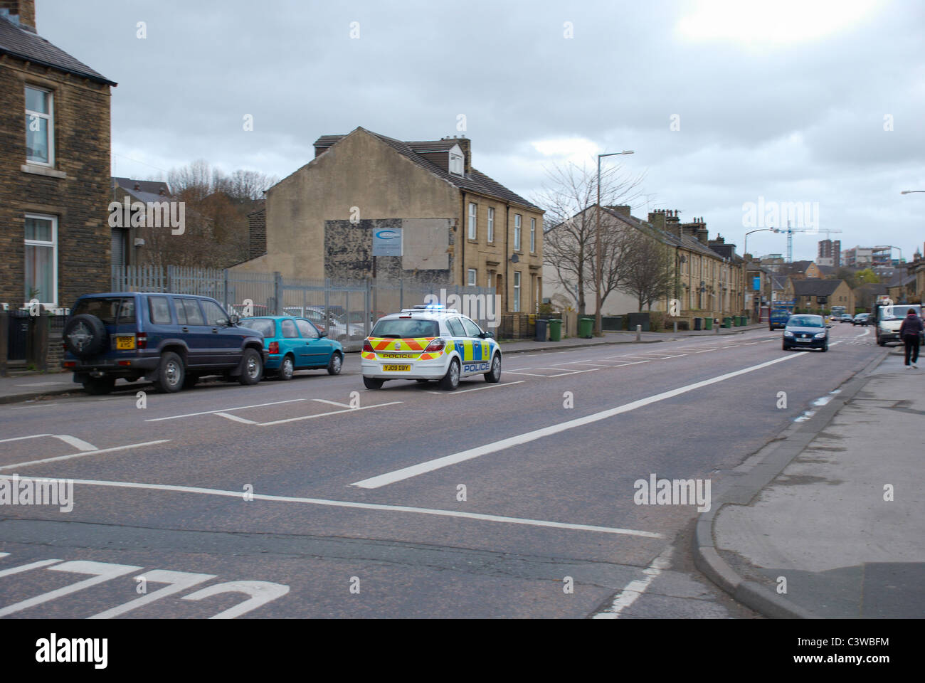 Police car heading towards Huddersfield (in Lockwood). Stock Photo