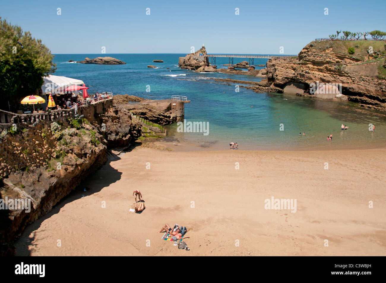 France French Biarritz old Harbor Rocks Sea The Plage du Port-Vieux Pyrenees Atlantiques Aquitaines flood tide ebb flow Stock Photo