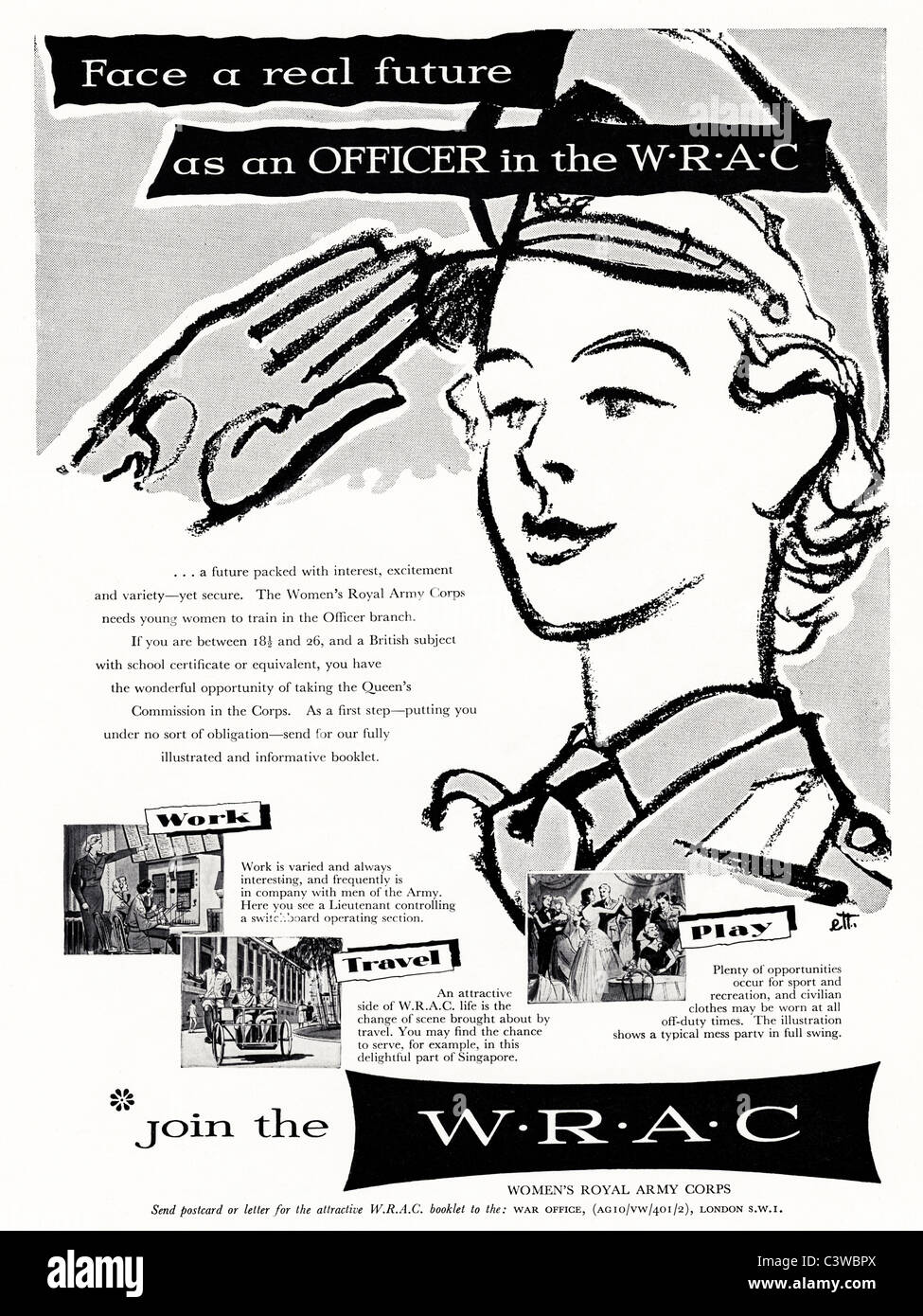 Original full page advertisement in fashion magazine circa 1955 for WRAC WOMEN'S ROYAL ARMY CORPS Stock Photo