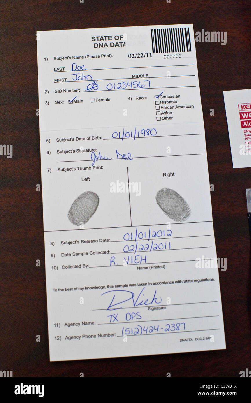 DNA data collection card with suspect fingerprints at Texas Department of Public Safety crime laboratory in Austin Stock Photo