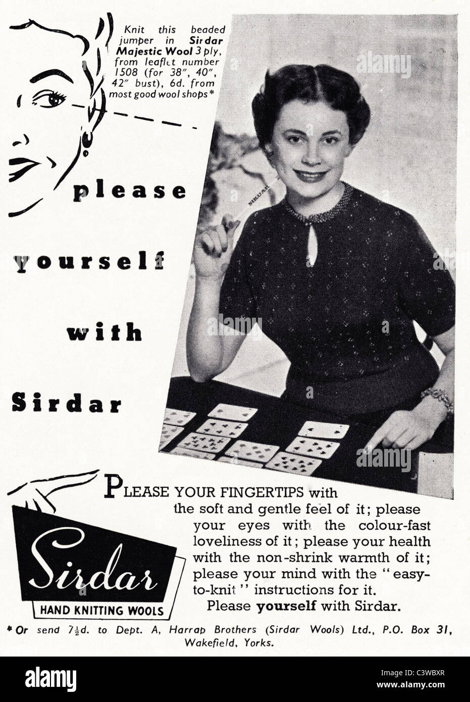 Original full page advertisement in fashion magazine circa 1955 for SIRDAR hand knitting wool Stock Photo