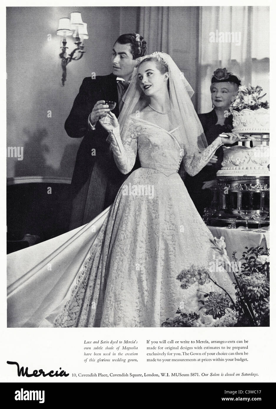 Original full page advertisement in fashion magazine circa 1955 for wedding gown by MERCIA Stock Photo
