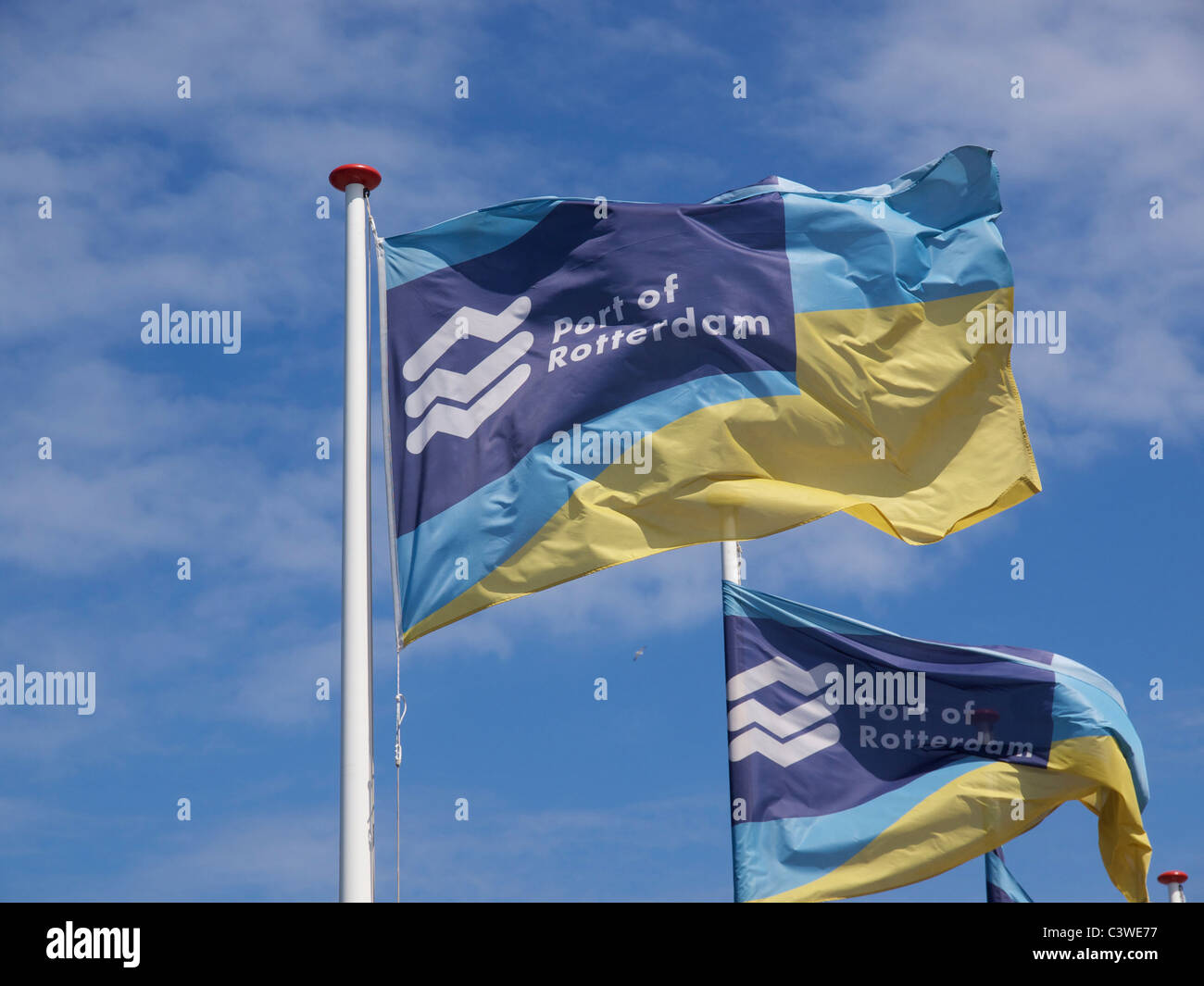 Waving Port of Rotterdam flags, Rotterdam, Zuid Holland, the Netherlands Stock Photo