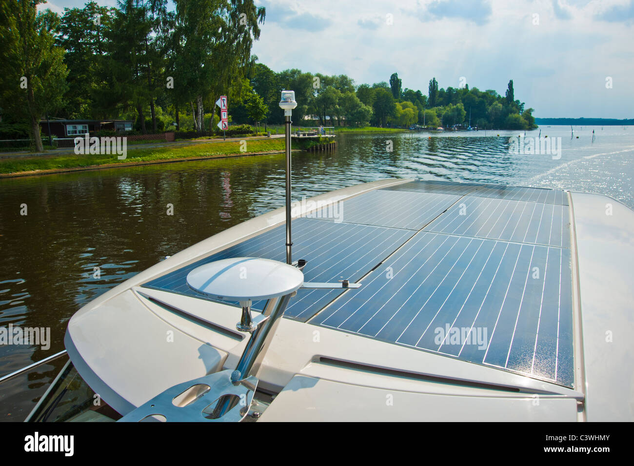 Solar panels on the roof of a Greenline 33 Hybrid on a lake near Berlin, Germany Stock Photo