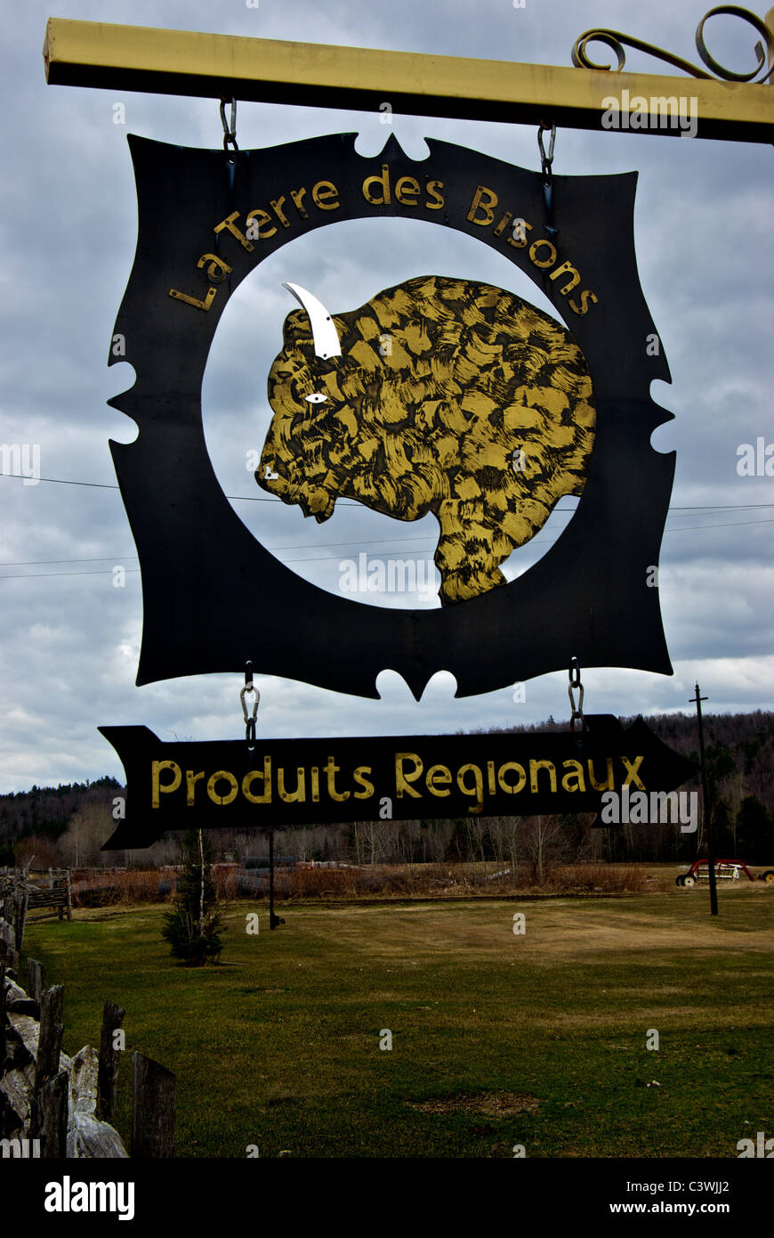 Entrance sign to La Terre des Bisons farm in Rawdon Lanaudiere Quebec Stock Photo