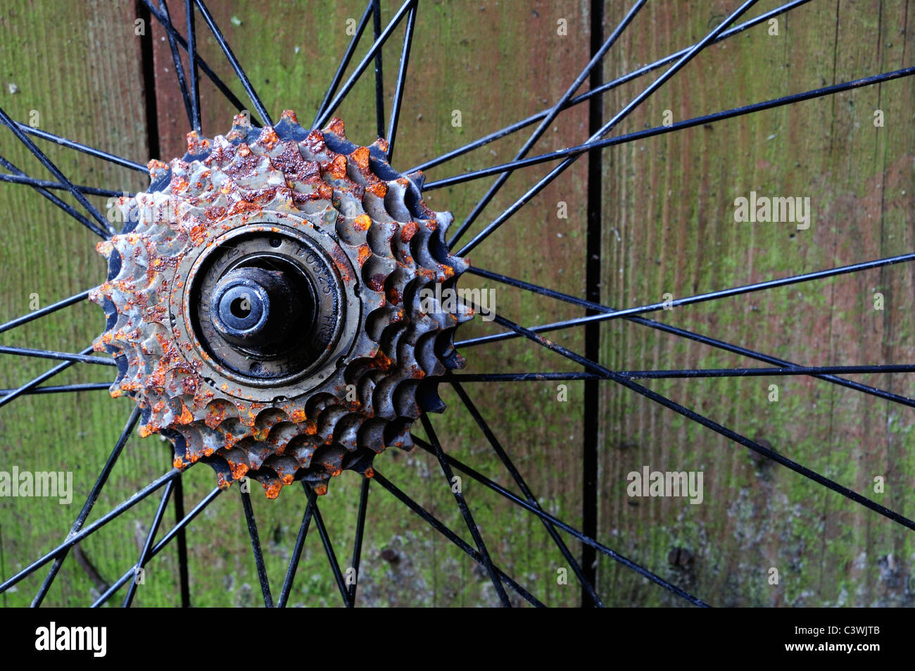 A rusting set of gears on a bicycle wheel. Stock Photo