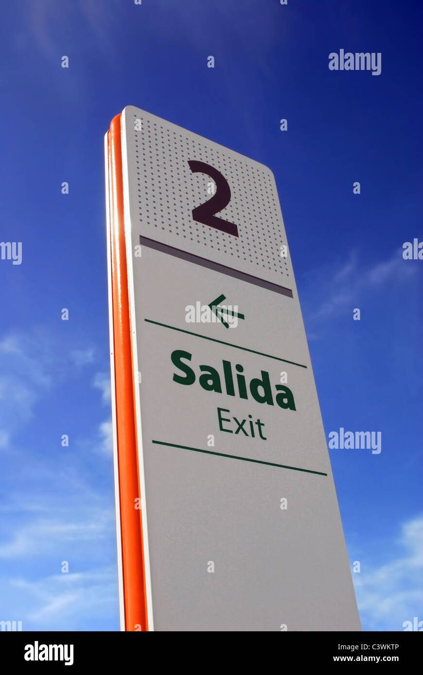 plastic exit signpost with number two and green arrow Stock Photo