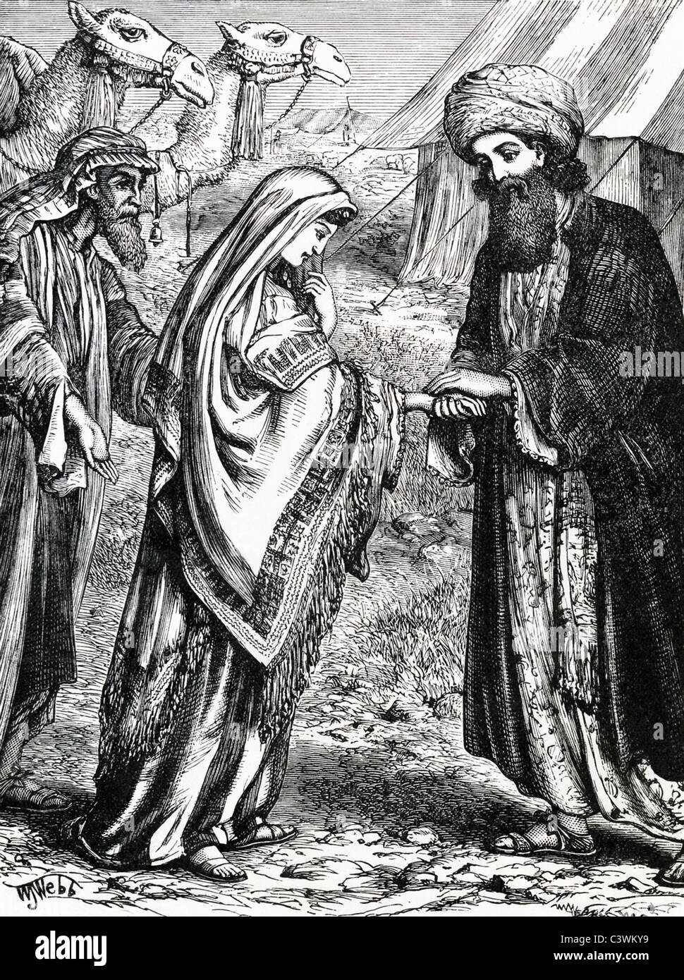 According to the Bible, Rebecca (middle) was the wife of isaac (right) and mother of Jacob and Esau. Stock Photo