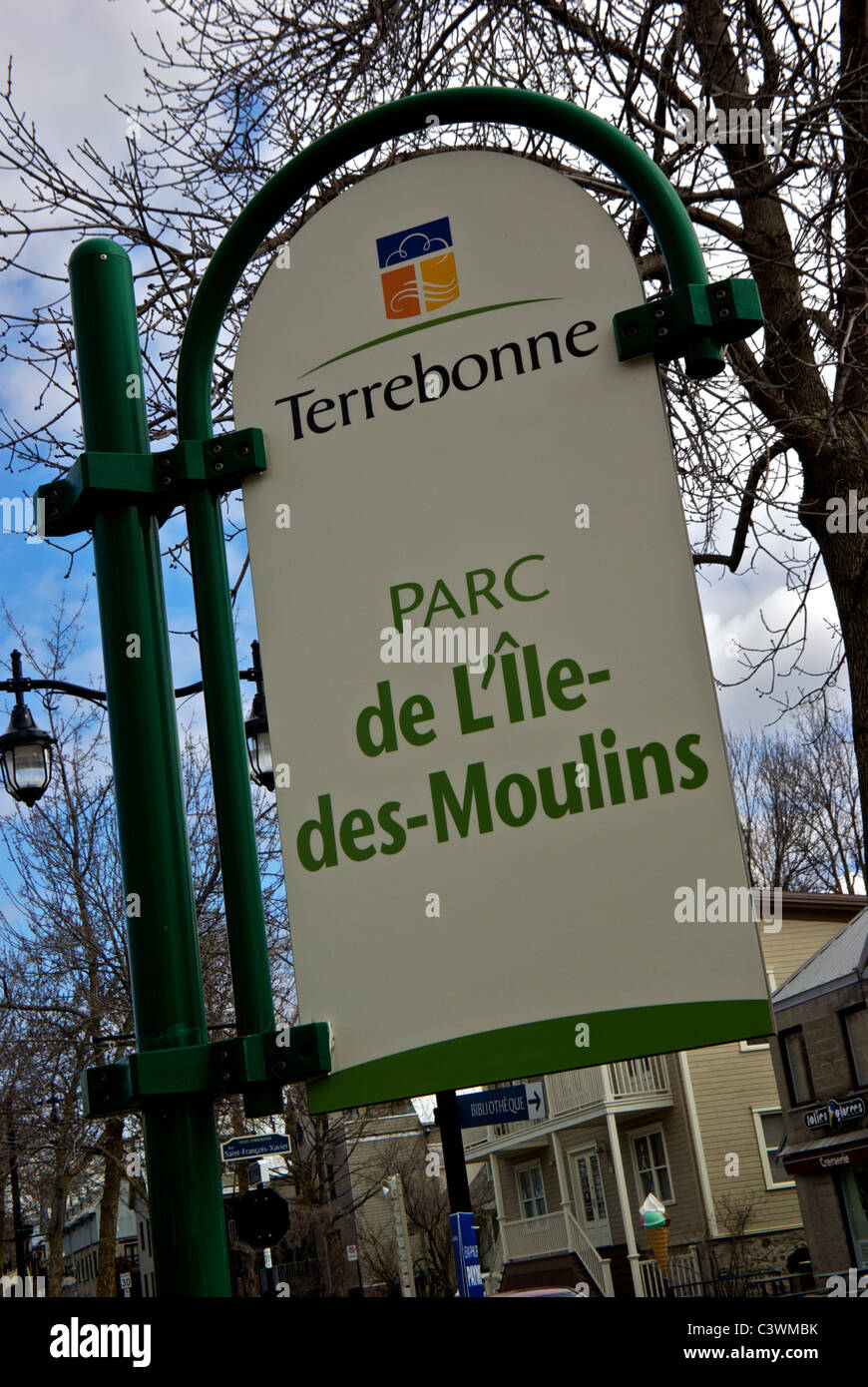 Entrance direction sign to L'Ile-des-Moulins museum park in village of Terrebonne in Lanaudiere region of Quebec Canada Stock Photo