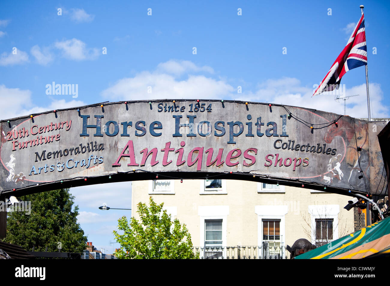 Horse Hospital overhead sign at Camden Lock Market entrance, London, England, UK. Stock Photo
