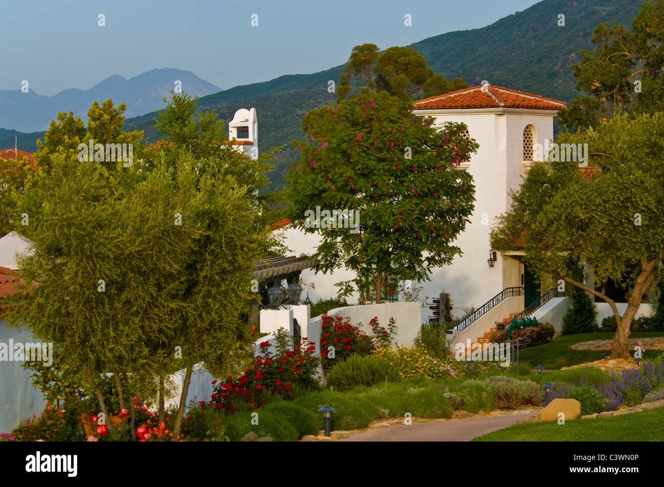 Mediterranean style architecture at the lavish and affluent Ojai Valley