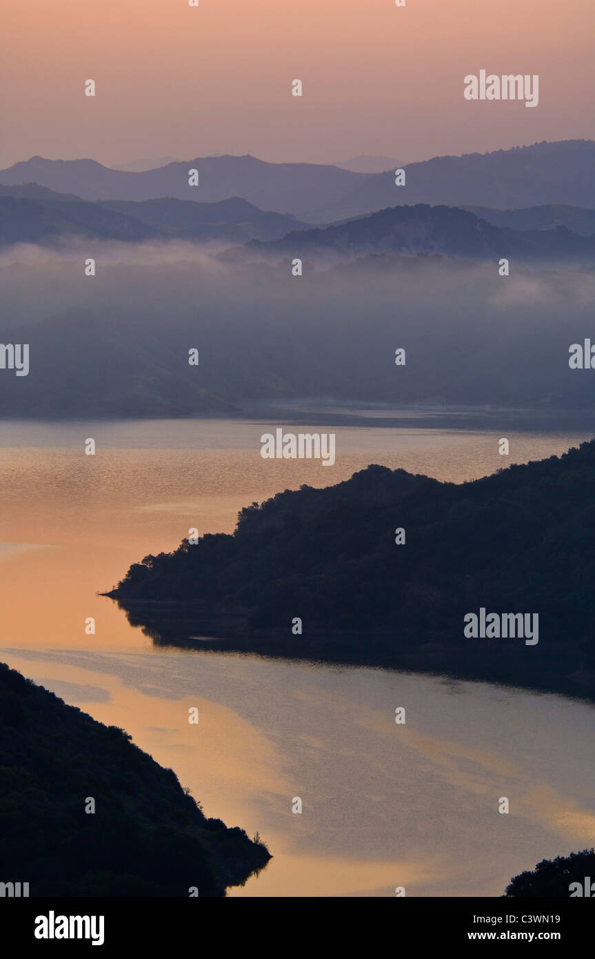 Morning sunrise light over Lake Casitas and rolling hills near Ojai, California Stock Photo