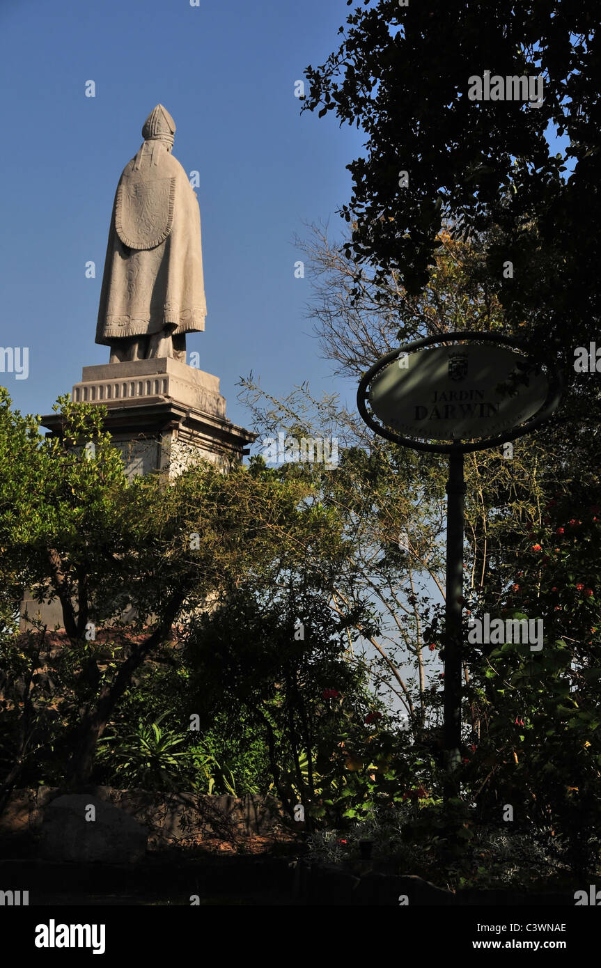 Blue sky view Charles Darwin Memorial Garden and statue of Manuel Vicuna Larrain