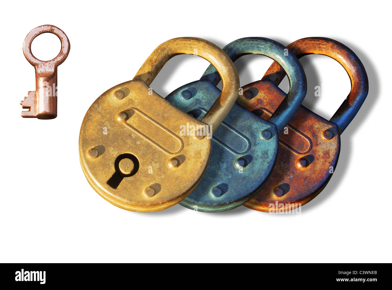 Antique Padlocks in different roughed metal surface with a key on their side. Isolated elements over white background. Stock Photo