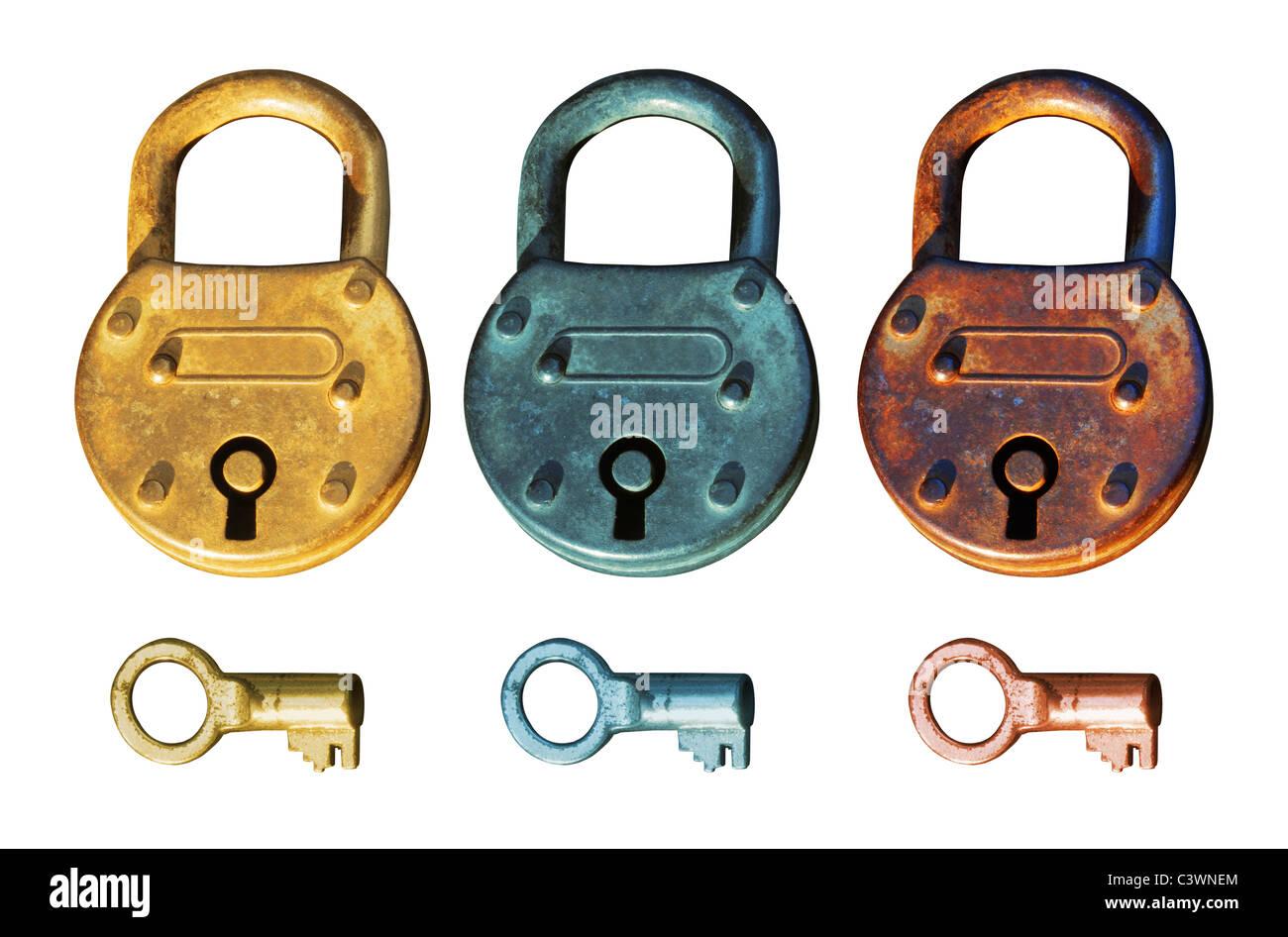 Antique Padlocks in different roughed metal surface with three key below. Isolated elements over white background. Stock Photo