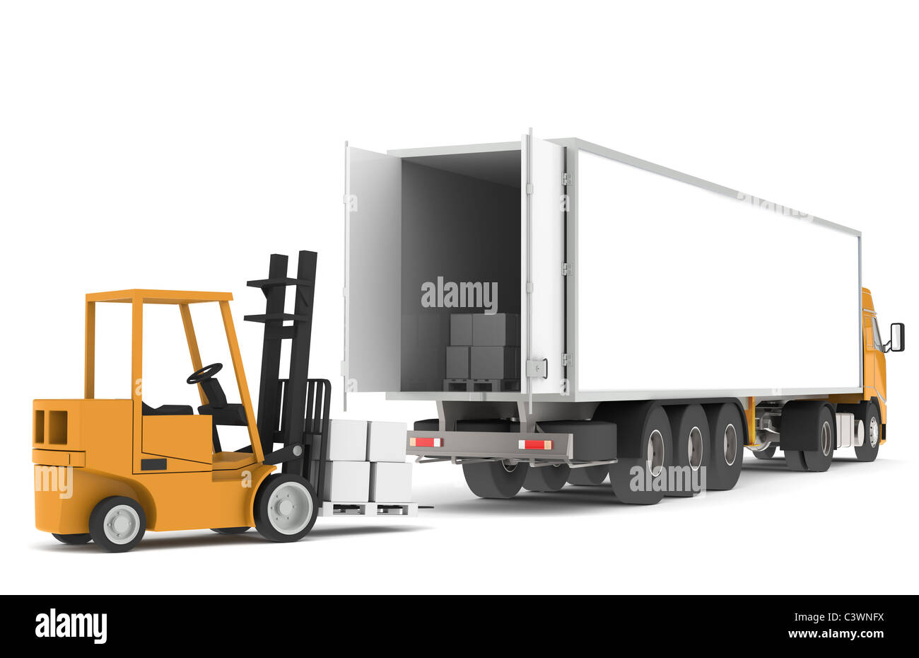 Loading the Truck. Forklift loading a Trailer. Part of warehouse series. Stock Photo