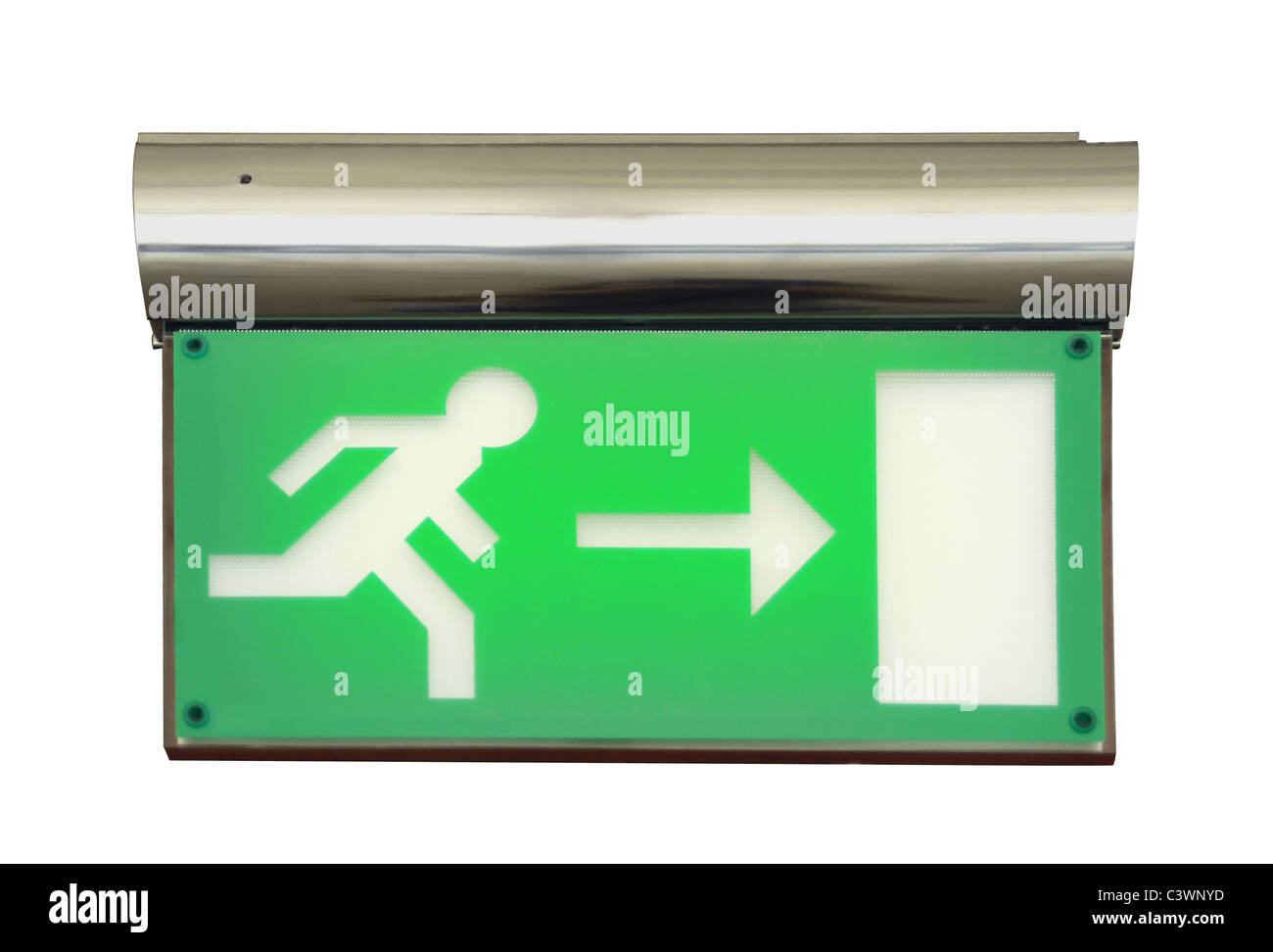 Emergency blinking exit sign over white background with clipping path Stock Photo