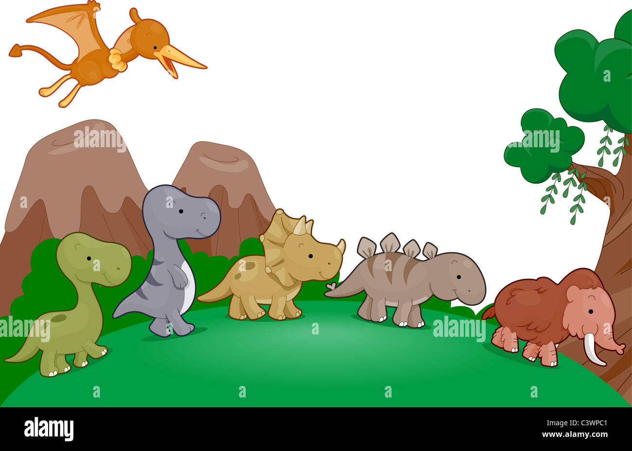 Illustration of Dinosaurs Parading Around Stock Photo