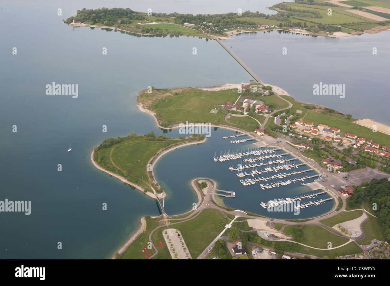 AERIAL VIEW. Reservoir built to regulate the flow of the Marne River. Lac du Der Marina in the Champagne-Ardenne region, Grand Est, France. Stock Photo