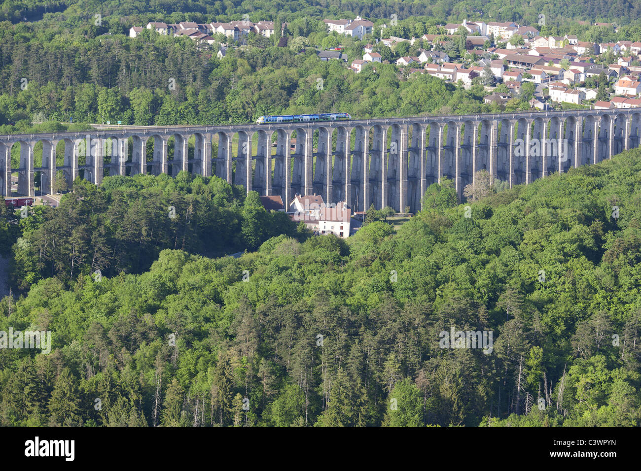 AERIAL VIEW. Chaumont Viaduct; built in 1857, 654-meter-long and 52-meter-high. Railroad line Paris-Basel. Haute-Marne, Grand Est, France. Stock Photo