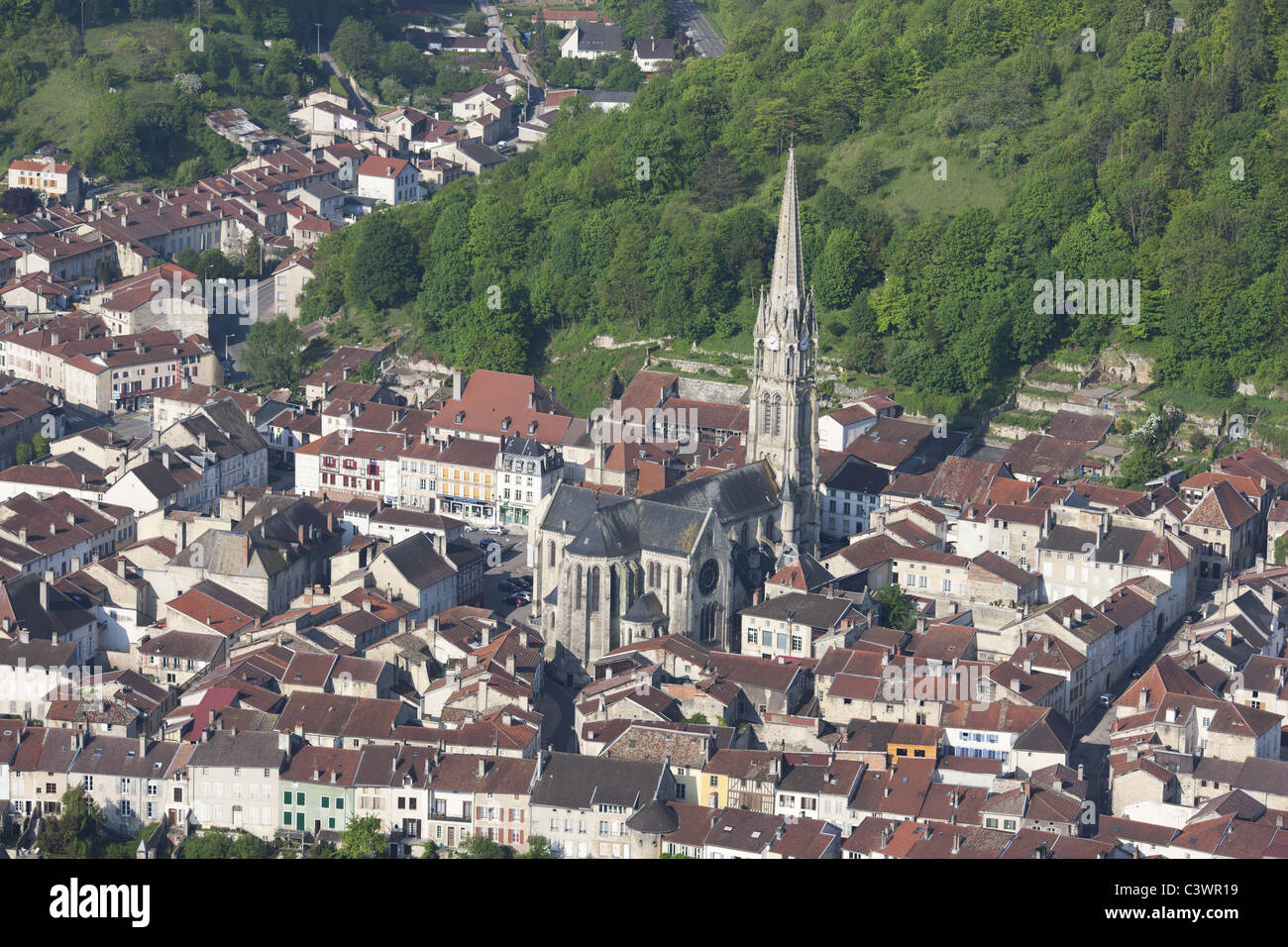 AERIAL VIEW. Notre Dame church in the city of Joinville. Marne Valley, Haute-Marne, Champagne-Ardenne, Grand Est, France. Stock Photo