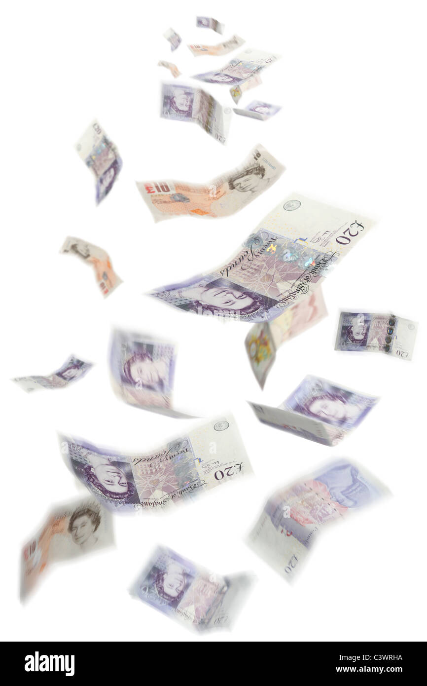 Money (British Pounds Stirling) floating from above Stock Photo