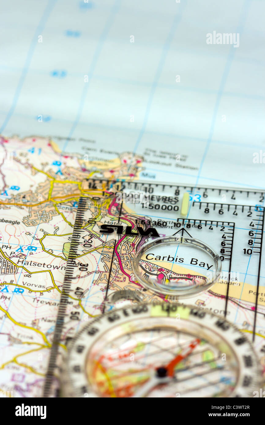 Close up view of a map with a compass magnifying the Cornish resort of Carbis Bay near St Ives Stock Photo