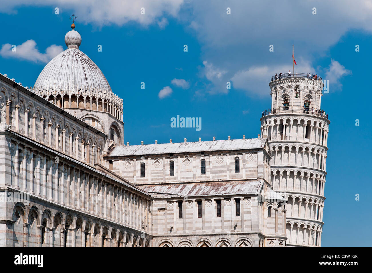 Close-up view over the Cathedral and the Leaning Tower, Piazza del Duomo (Cathedral Square), Pisa, Tuscany, Italy Stock Photo