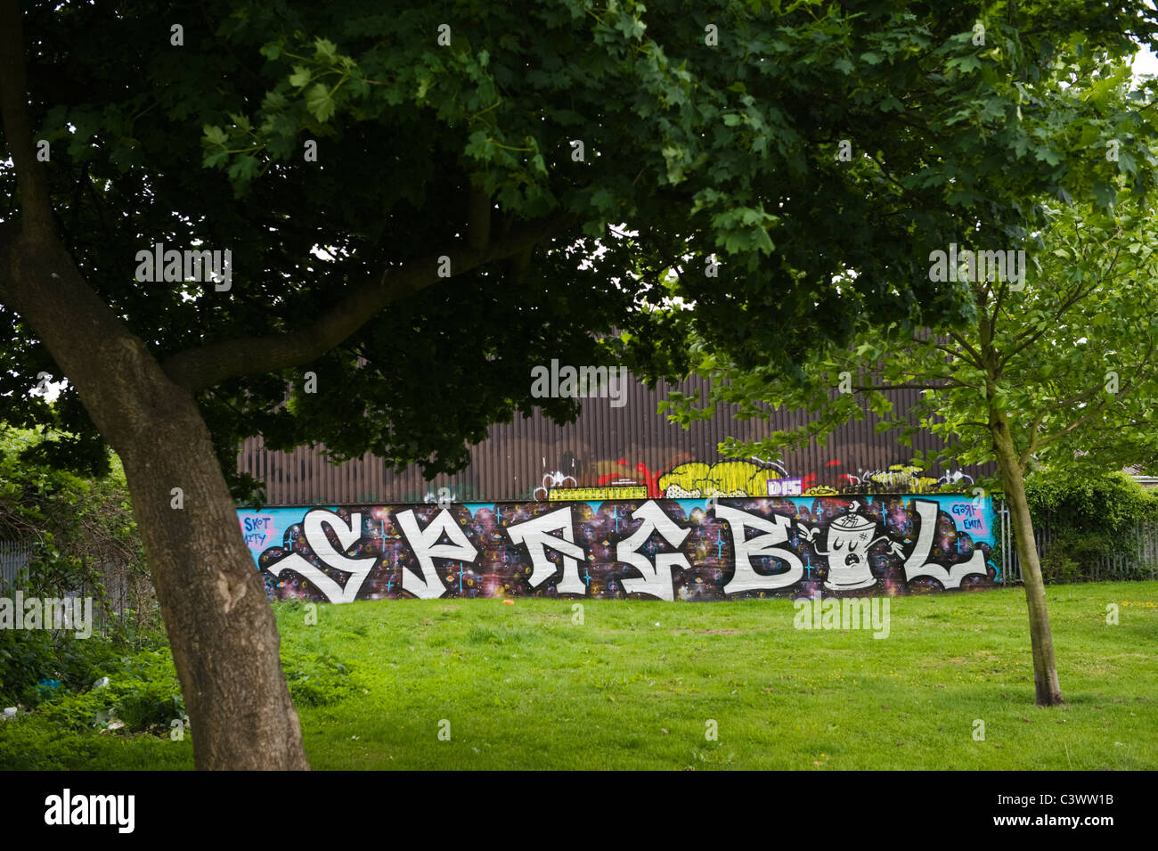 Graphiti Cardiff SPAGBOL urban graffiti artwork on wall of unit factory in Cardiff South ...