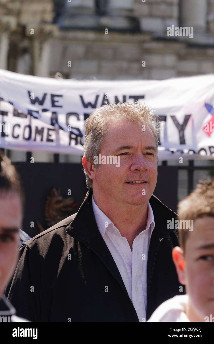 Frankie Gallagher, member of the Ulster Political Research Group (UPRG), closely affiliated with the Ulster Defense Association (UDA) at a protest outside Belfast City Hall Stock Photo
