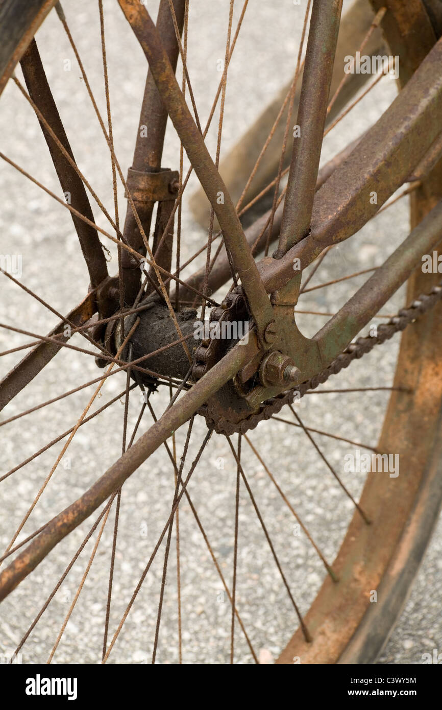 Rusty Bicycle wheel close up shot Stock Photo