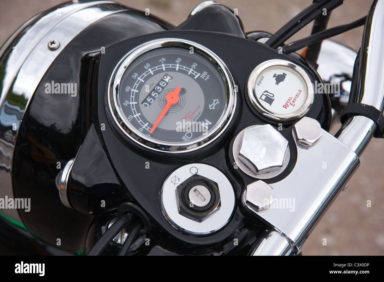 Instrument panel and headlamp on modern Royal Enfield motorcycle Stock Photo
