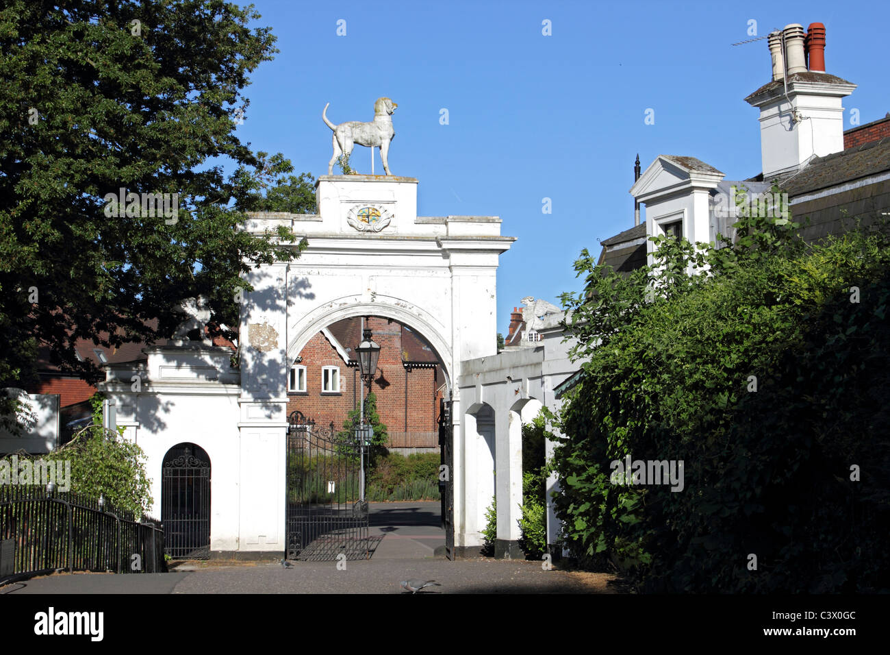 Dog Gate entrance to Bourne Hall, Ewell, Epsom, Surrey, England UK