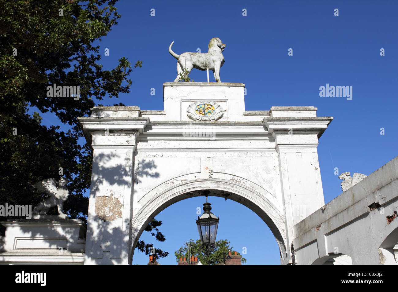 Dog Gate entrance to Bourne Hall, Ewell, Epsom, Surrey, England UK