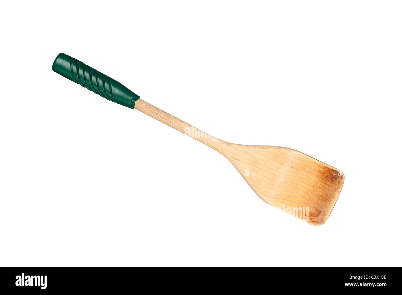 A wooden spatula with green vinyl handle isolated on white Stock Photo