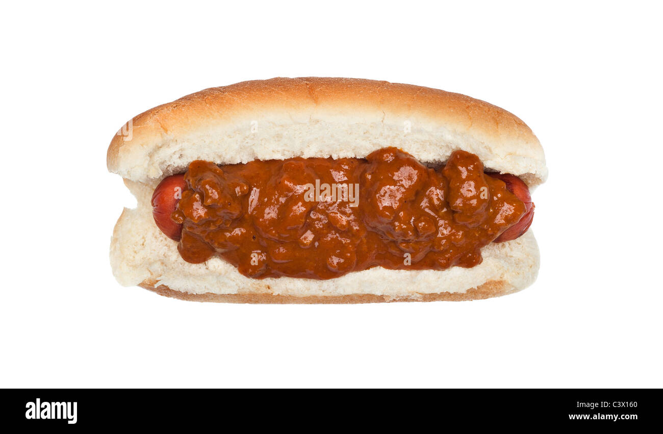 A freshly grilled chilidog isolated on white Stock Photo