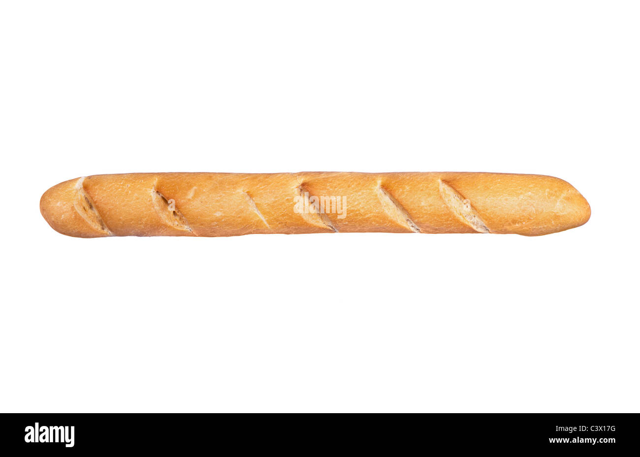 Fresh baguette loaf of bread isolated on white. Stock Photo
