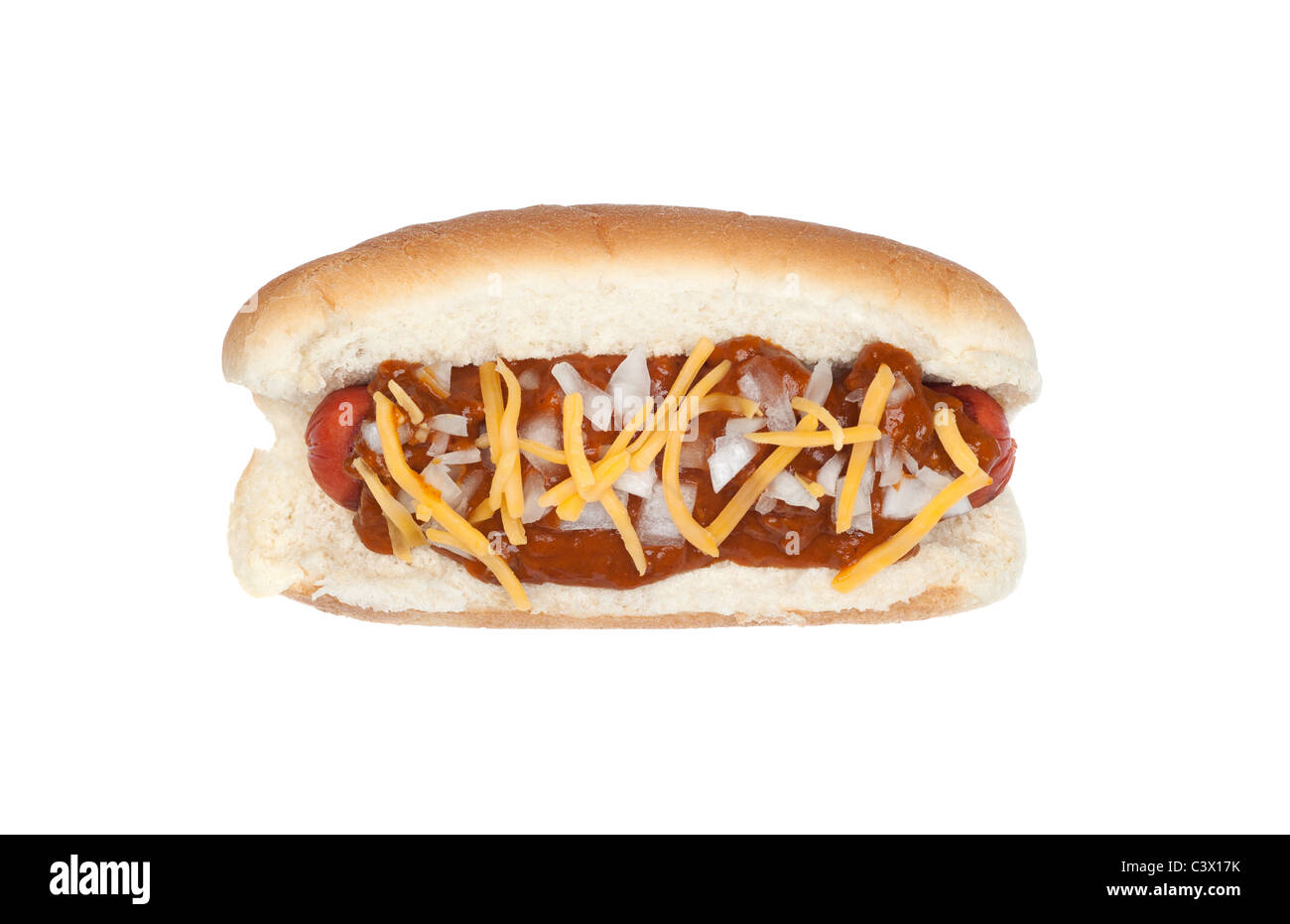 A delicious chili cheese dog with onions isolated on white Stock Photo