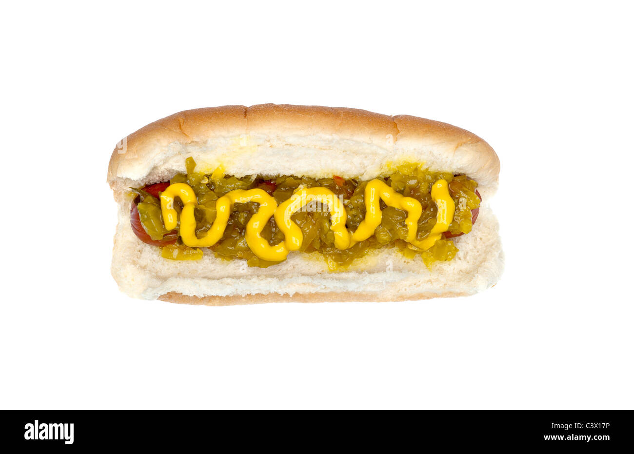 A freshly grilled hotdog with mustard and relish Stock Photo