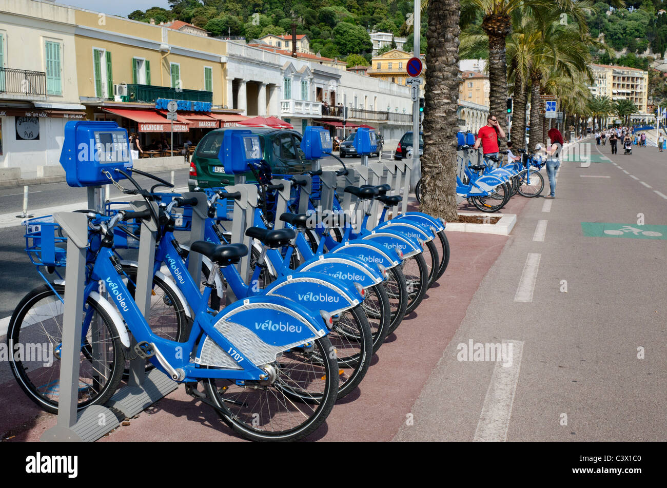 Cycle hire opportunities in the Côte d'azur include the Velo Bleu system operating in the city of Nice Stock Photo