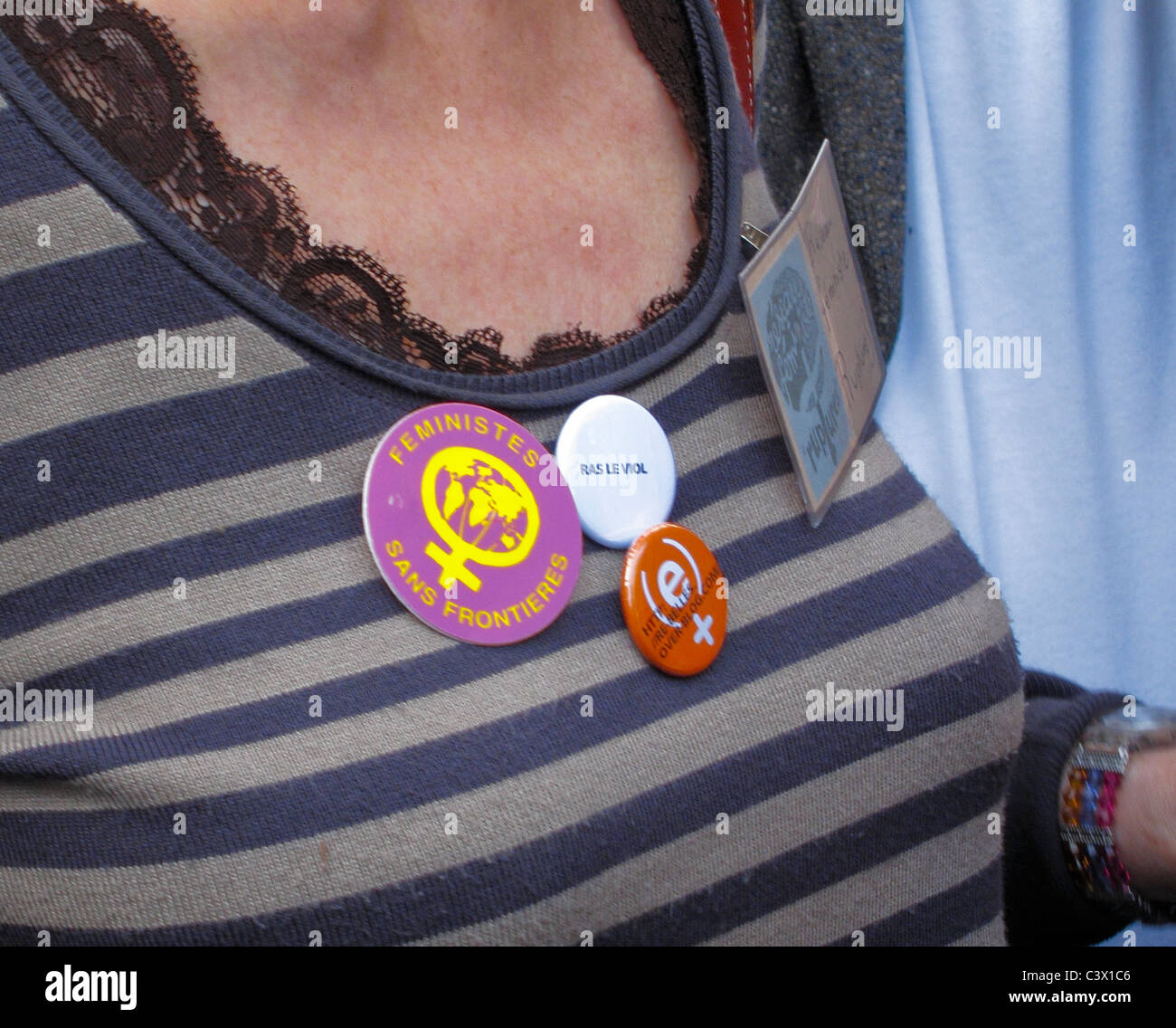 Paris, France, Detail Woman's Shirt, Feminist Woman Buttons, at Public ...