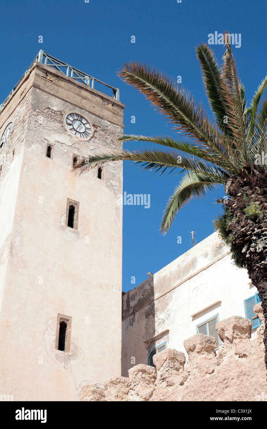 City walls and clock tower, Essaouira, Morocco. Stock Photo