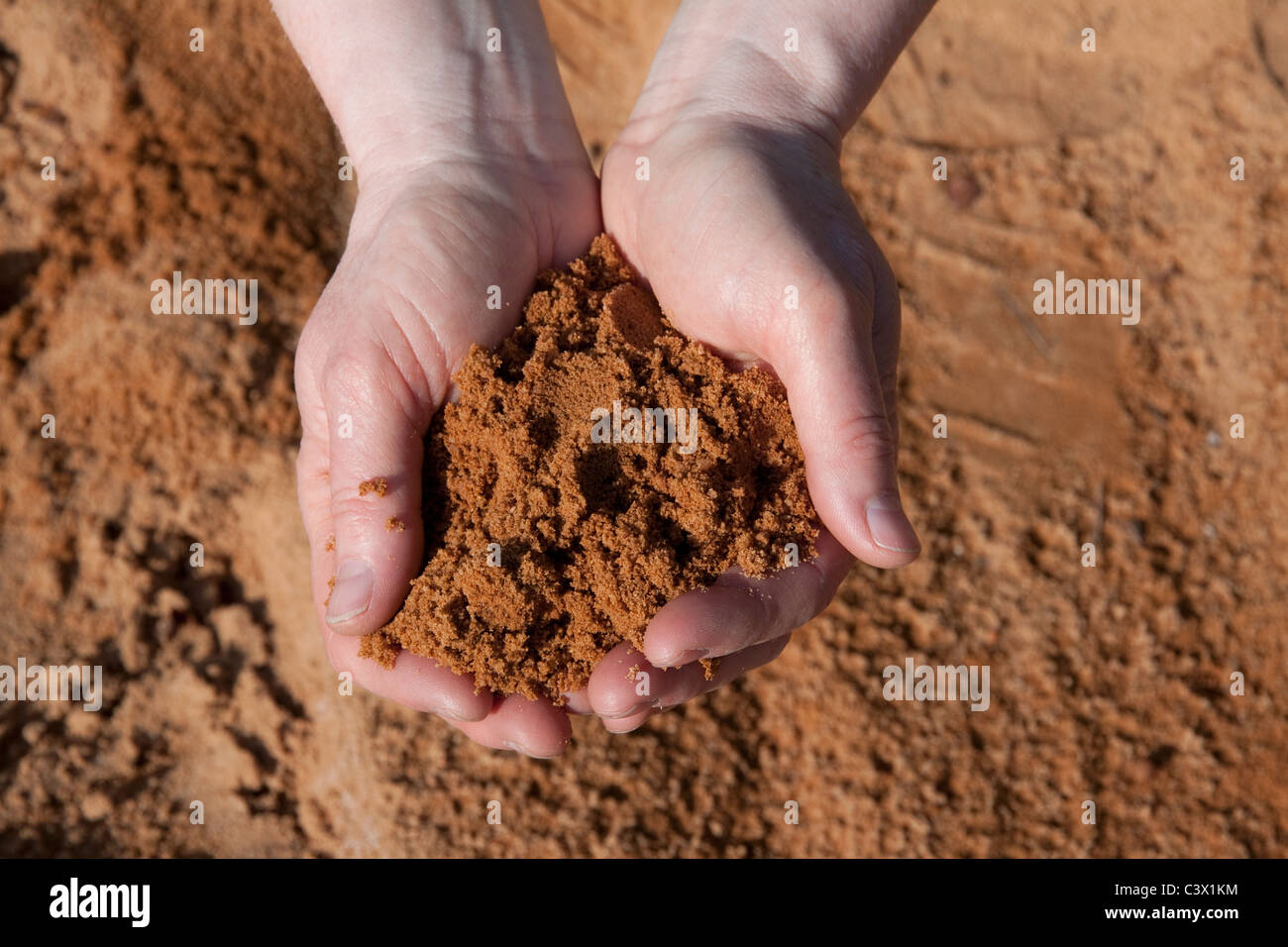 Handful of red soil Florida USA Stock Photo