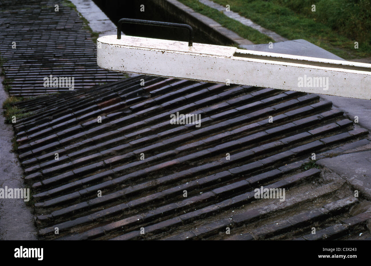 Picture showing ribbed brick paving at Grindley Brook staircase locks, Llangollen canal, Near Whitcurch, Salop, England. Stock Photo