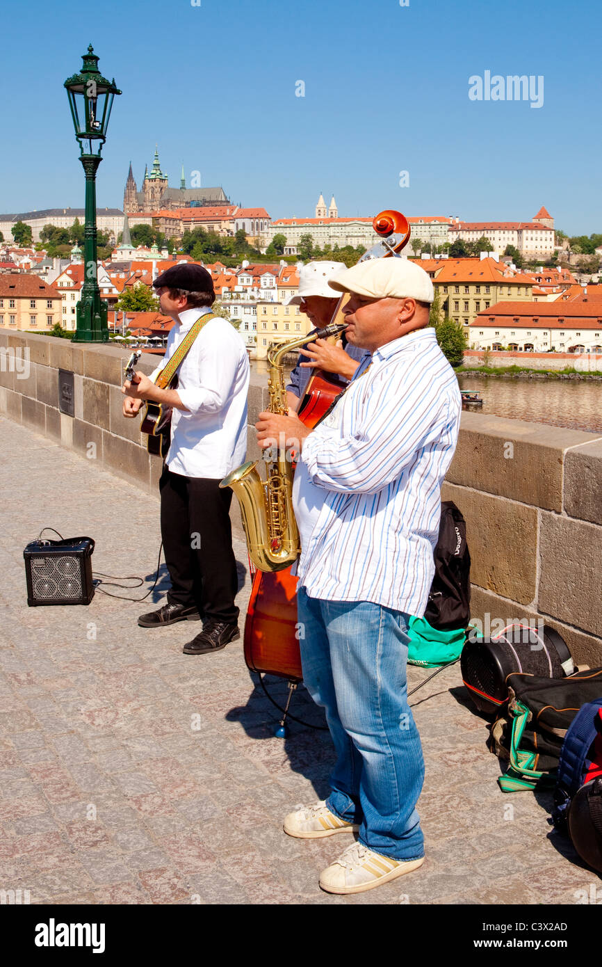 Czech Republic, Prague - band of musicians on Charles Bridge Stock Photo