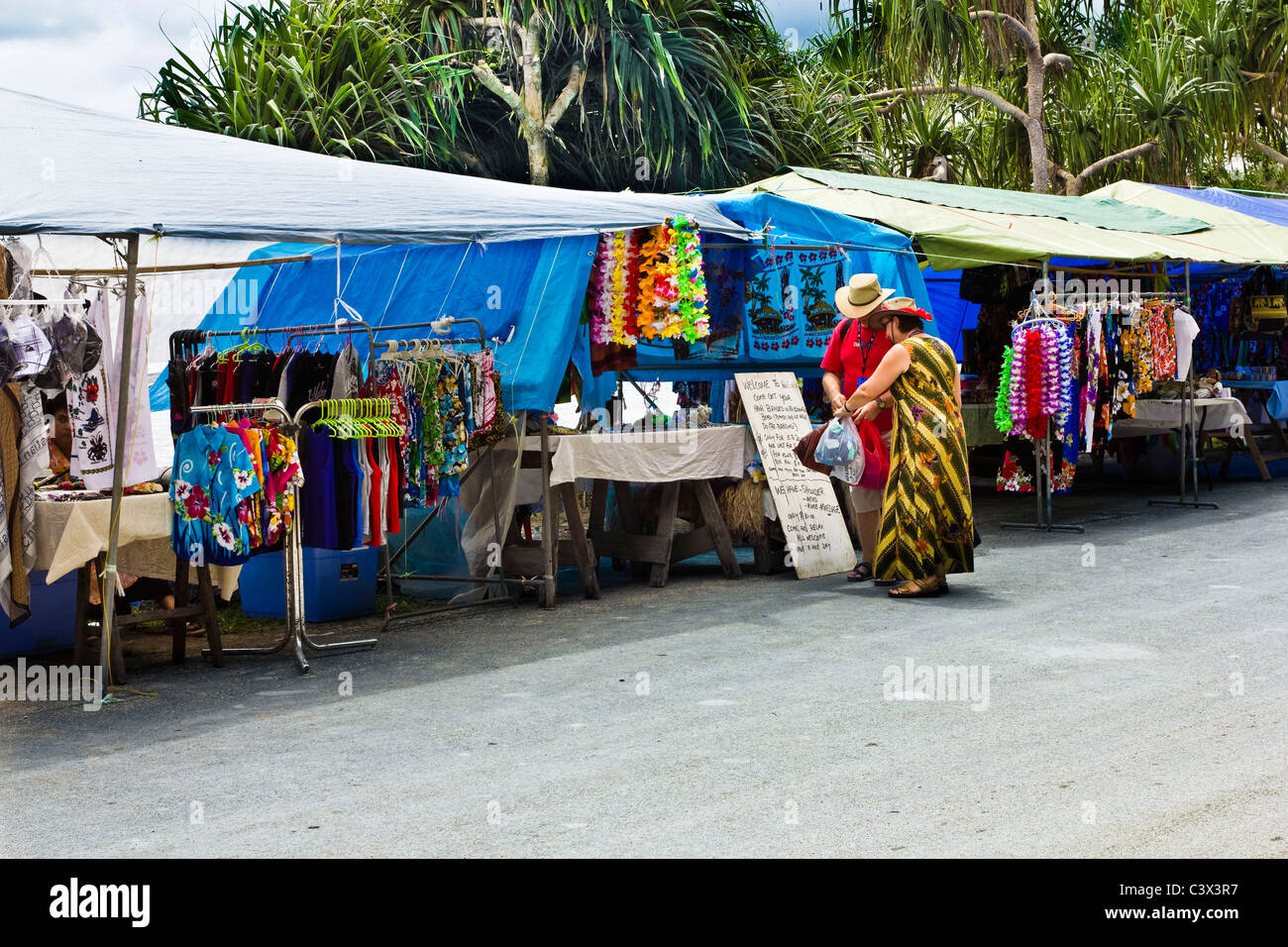 Market stalls for cruise ship tourists in Port Vila, Vanuatu. Stock Photo