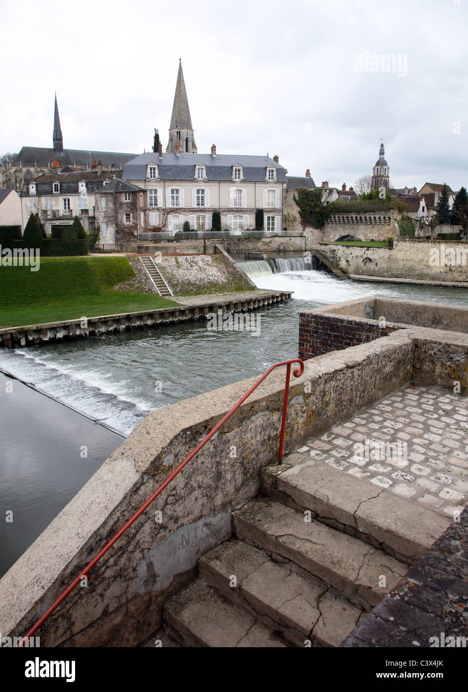 View over the old town of Vendome showing the elaborate river control system Stock Photo
